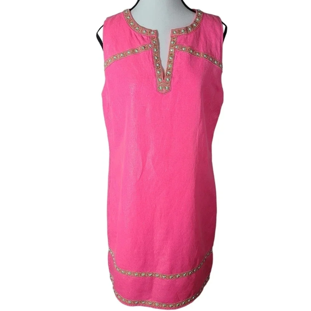 Vineyard Vines barbiecore pink with gold shimmer linen blend mini‎ dress size 6